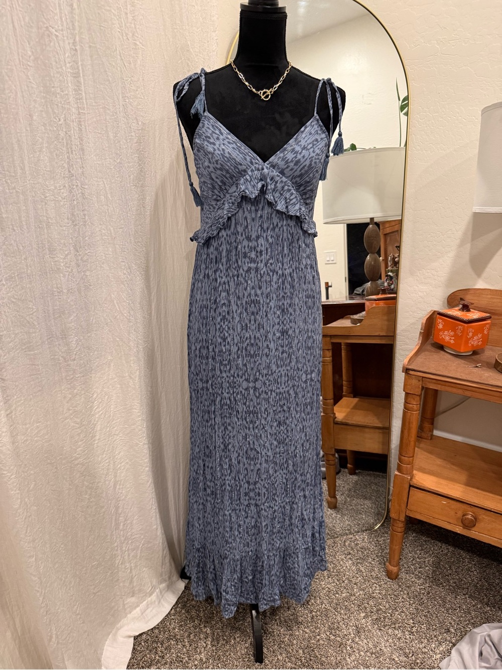 lovestitch Slate Blue Printed Ruffle Maxi Dress with adjustable tassel straps